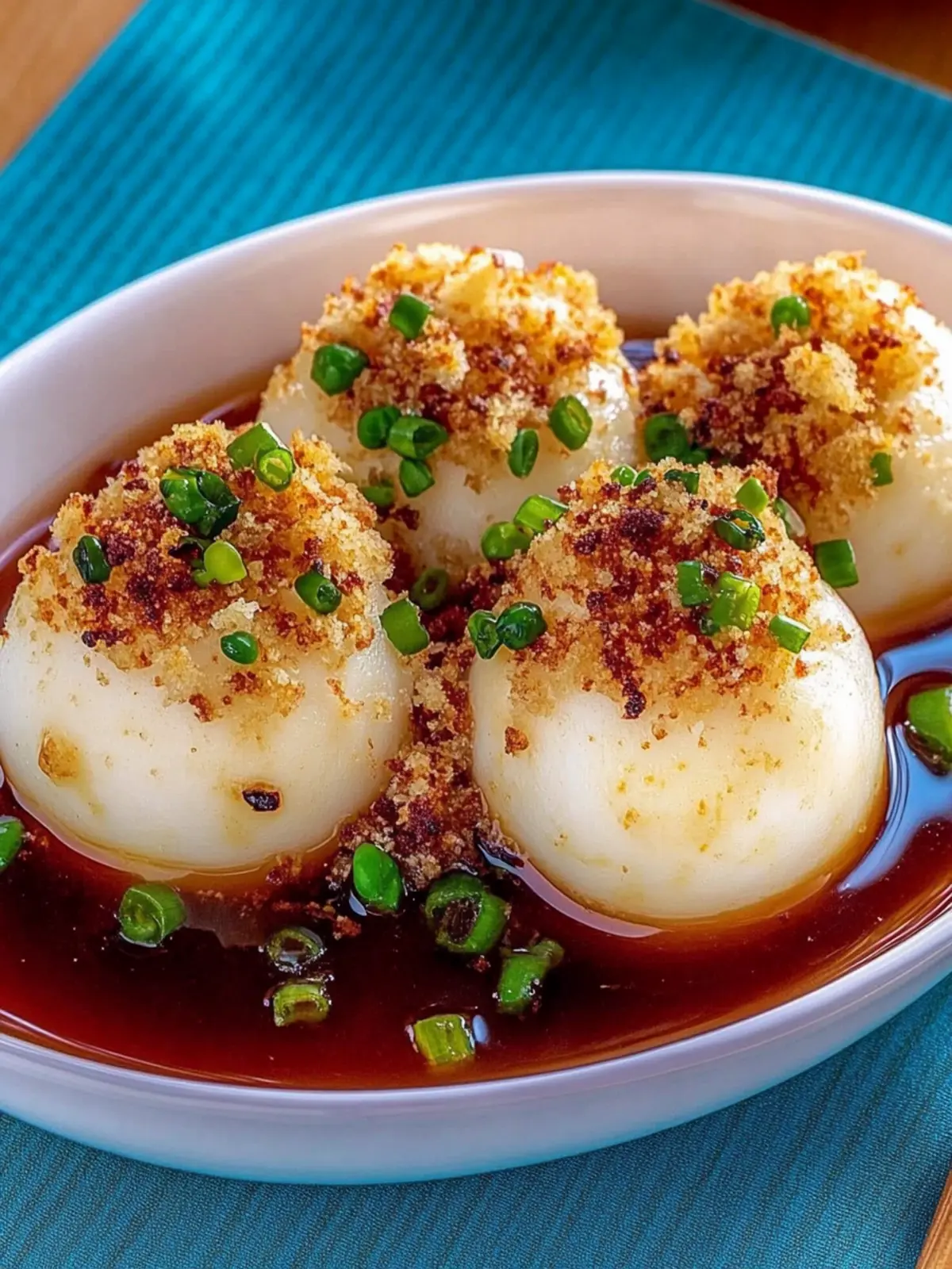 Herzhafte Kartoffelknödel in Soße mit Brösel-Knusper 3 Herzhafte Kartoffelknödel in Soße mit gebutterten Semmelbröseln