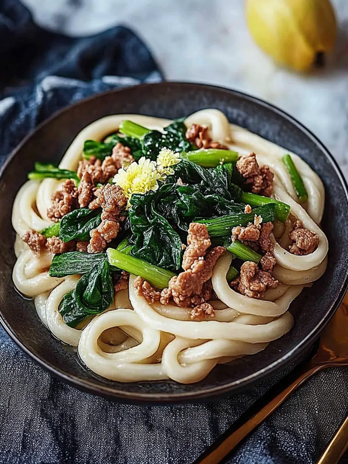Udon-Nudeln mit Hackfleisch für ein schnelles Abendessen 2 Udon-Nudeln mit Hackfleisch