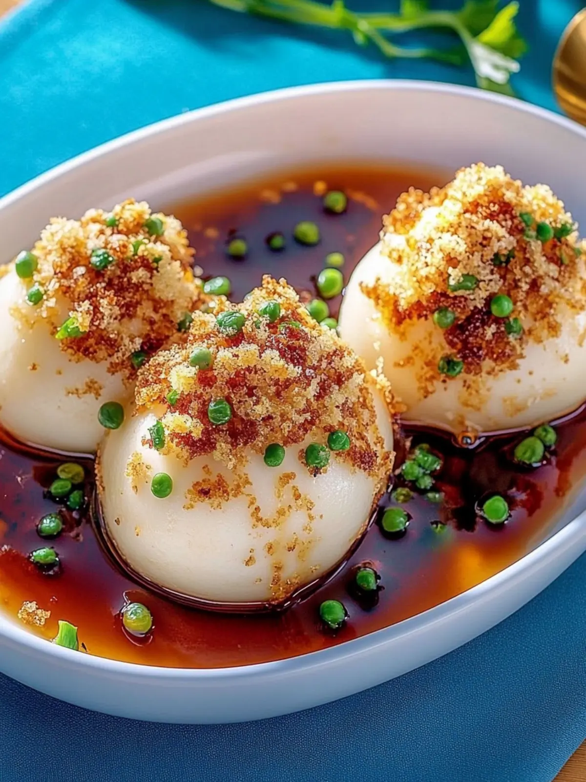 Herzhafte Kartoffelknödel in Soße mit Brösel-Knusper 4 Herzhafte Kartoffelknödel in Soße mit gebutterten Semmelbröseln