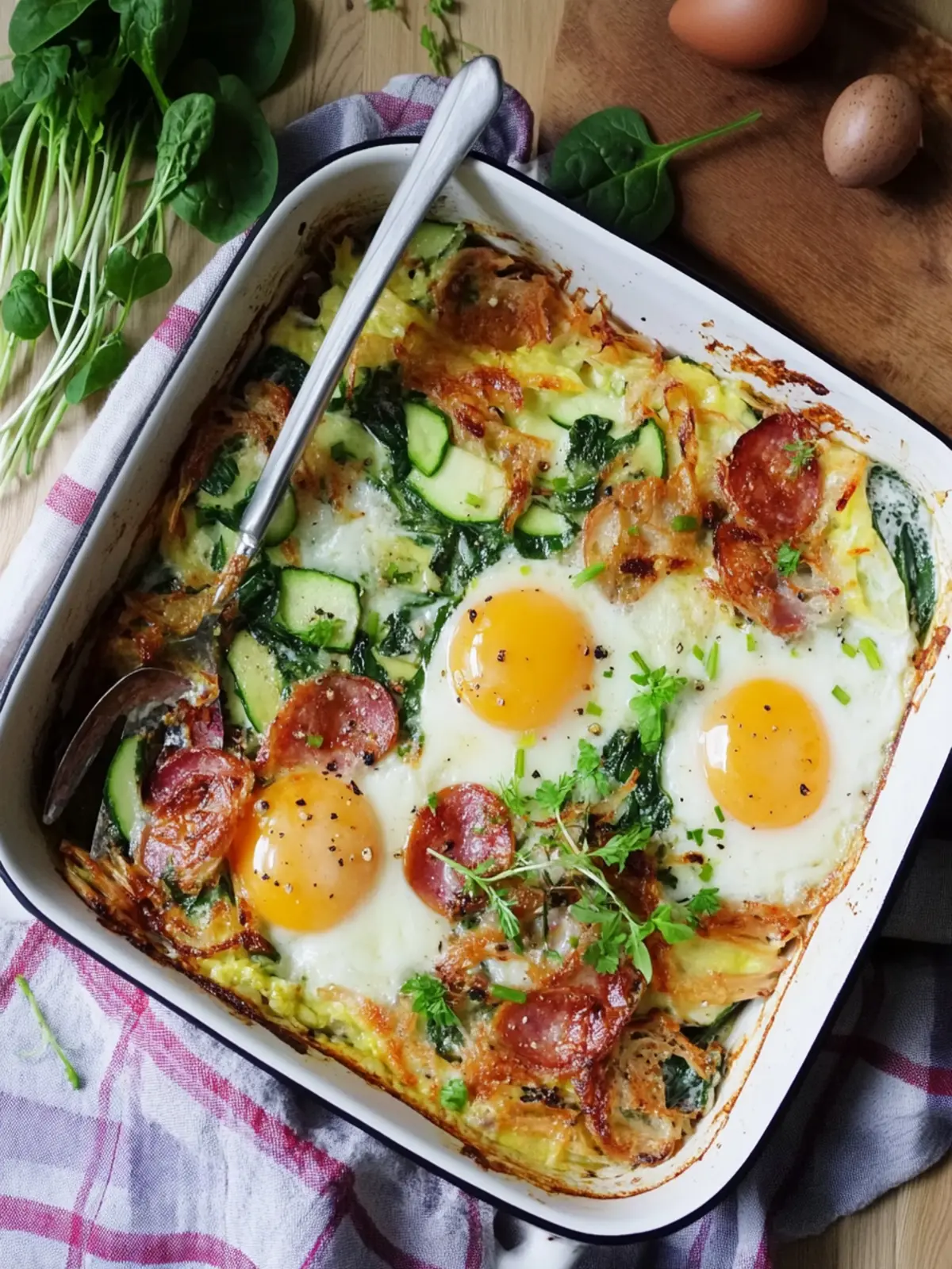 Spiegelei-Auflauf mit Schinken, Speck, Spinat, Käse 3 Spiegelei-Auflauf mit Schinken, Speck, Spinat und Käse