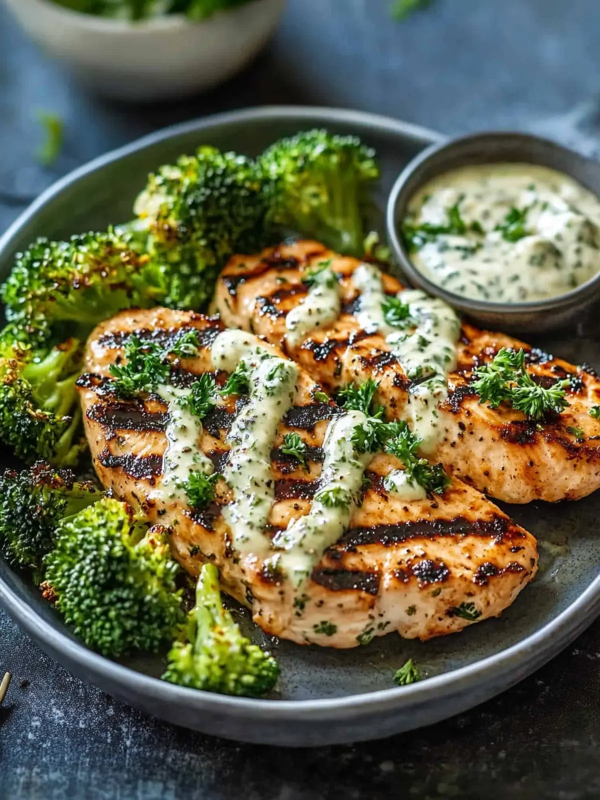 Gegrillte Hähnchenbrust mit Brokkoli-Schalen und cremiger Sauce 4 Gegrillte Hähnchenbrust mit Brokkoli-Schalen und cremiger Knoblauchsauce