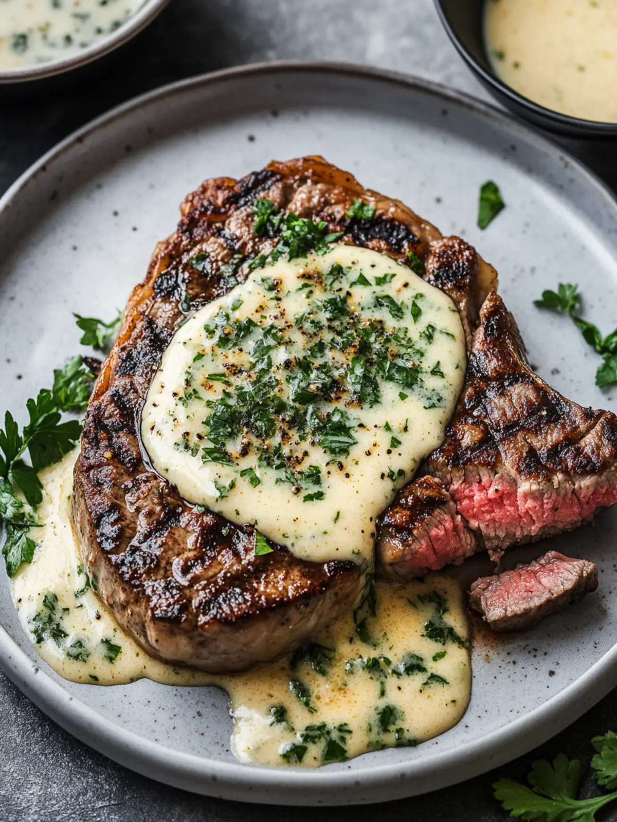 Perfektes Knoblauchbuttersteak mit Parmesancremesauce genießen 3 Knoblauchbuttersteak mit Parmesancremesauce