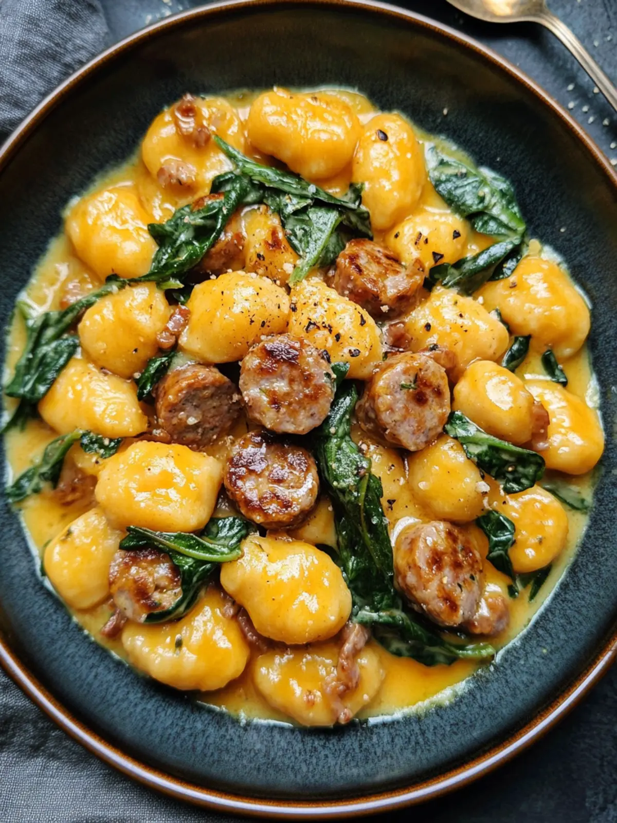Cremige Kürbisgnocchi mit Wurst und Spinat im Handumdrehen 4 Cremige Kürbisgnocchi mit Wurst und Spinat