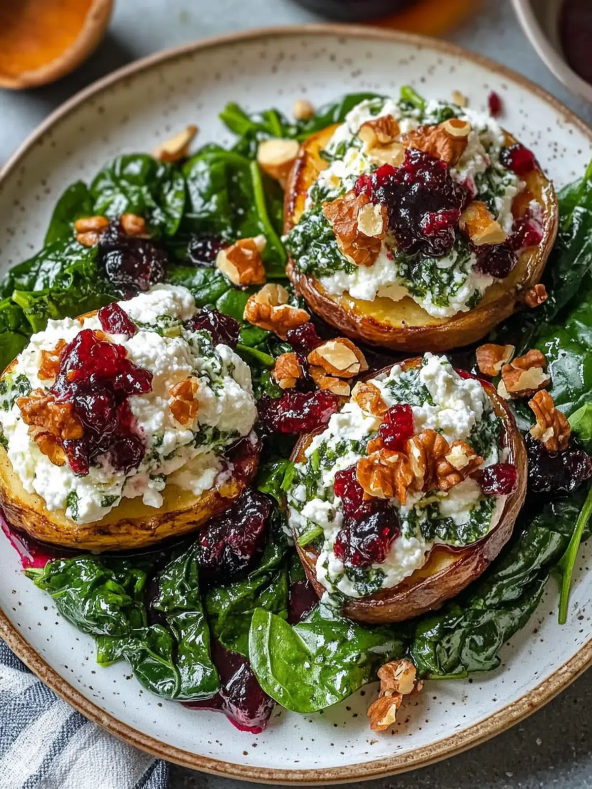 Cremige Ricotta- und Spinat gefüllte Süßkartoffeln für Genuss 2 Cremige Ricotta- und Spinat gefüllte Süßkartoffeln mit Balsamico-Preiselbeer-Glasur