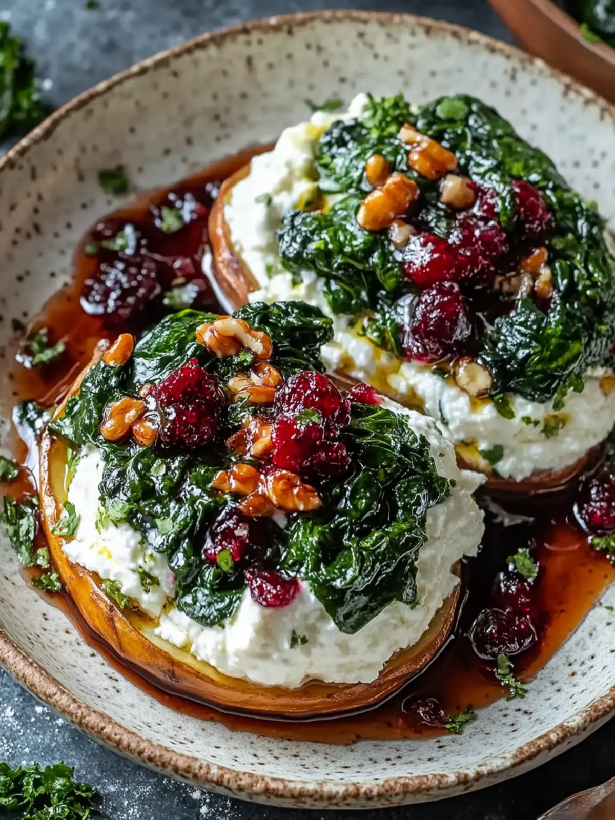 Cremige Ricotta- und Spinat gefüllte Süßkartoffeln für Genuss 4 Cremige Ricotta- und Spinat gefüllte Süßkartoffeln mit Balsamico-Preiselbeer-Glasur