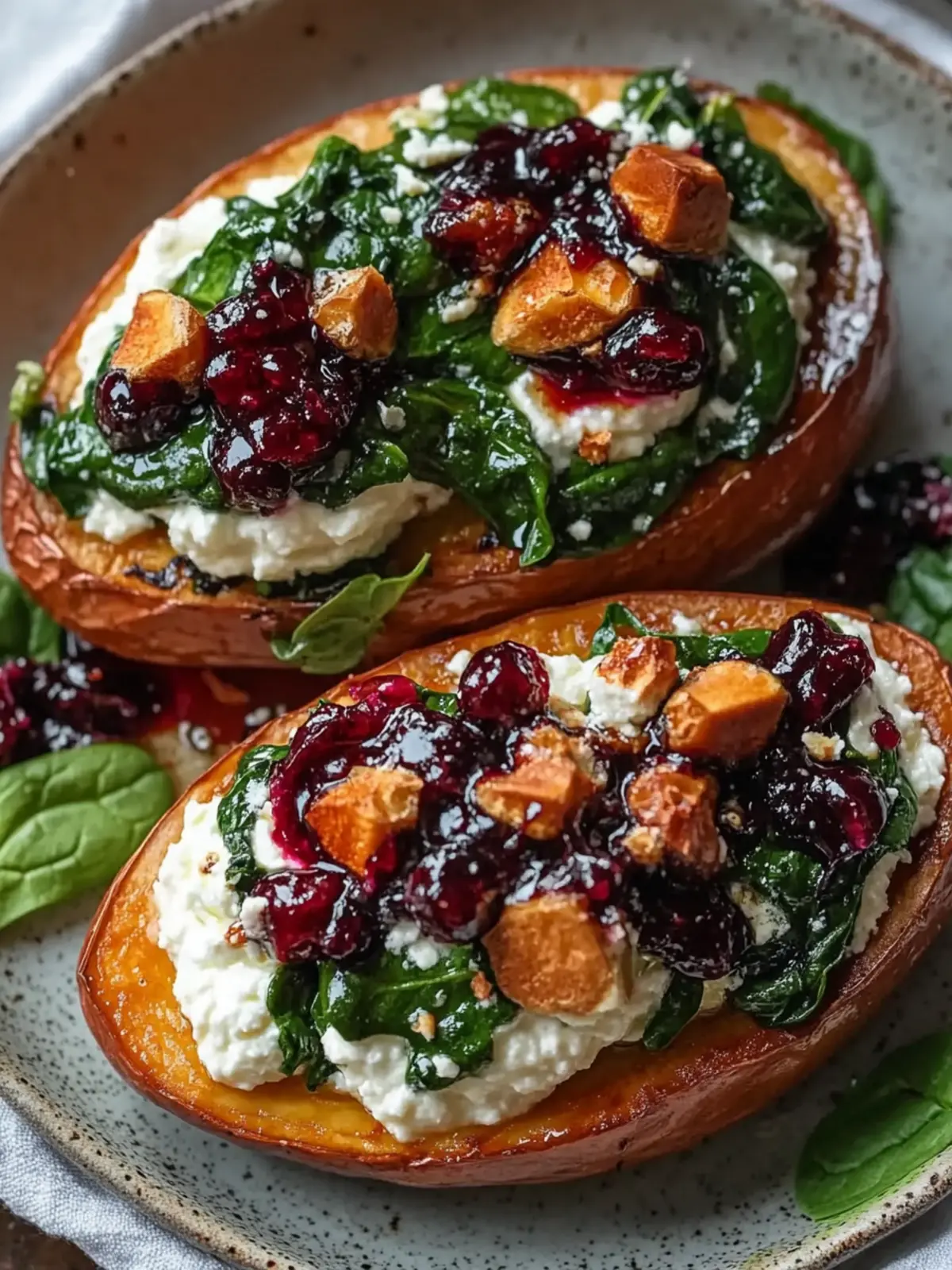 Cremige Ricotta- und Spinat gefüllte Süßkartoffeln für Genuss 5 Cremige Ricotta- und Spinat gefüllte Süßkartoffeln mit Balsamico-Preiselbeer-Glasur