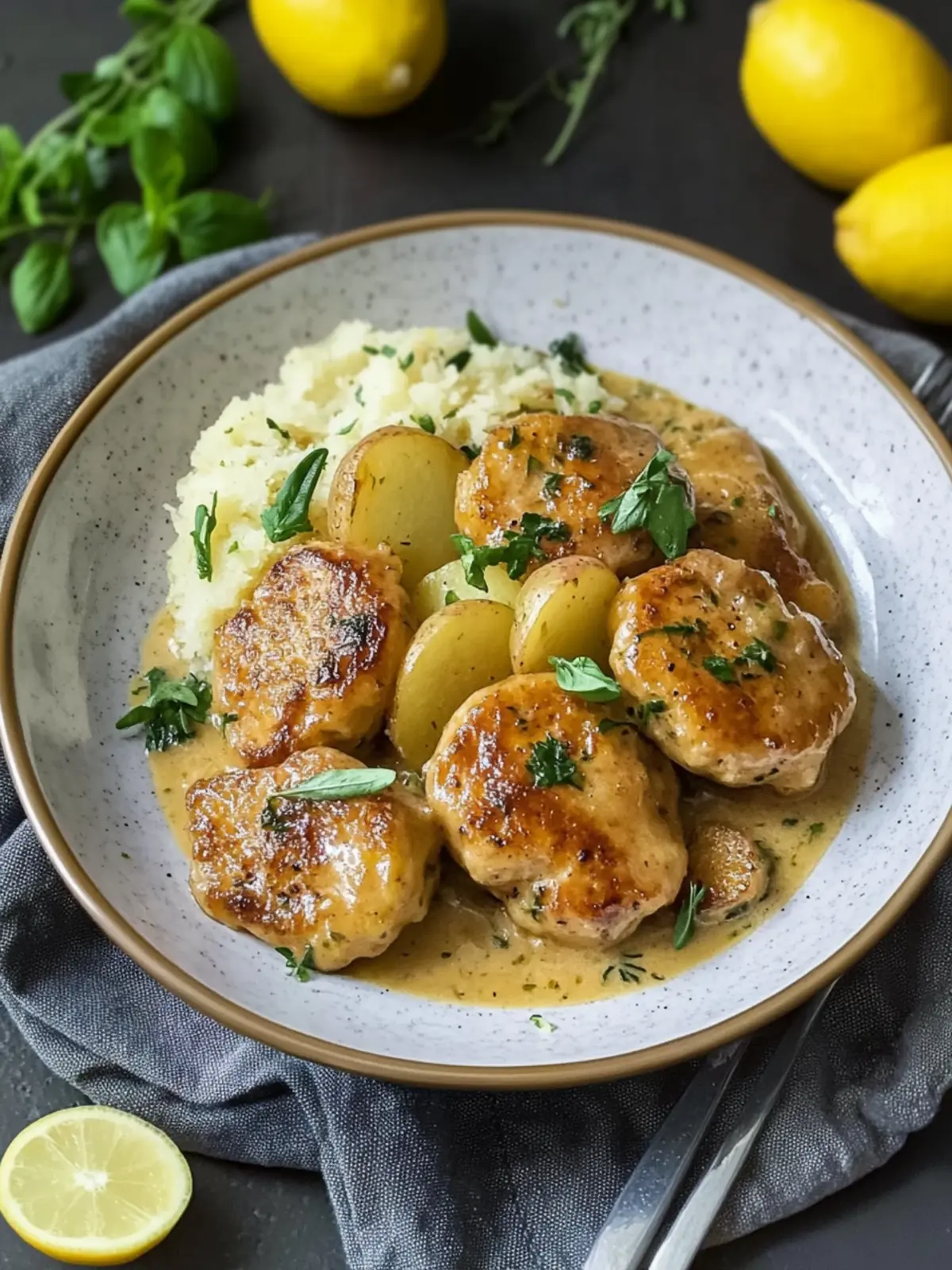 Saftige Hähnchenrouladen mit Kartoffel- und Zitronenpüree für Feinschmecker 5 Hähnchenrouladen mit Kartoffel- und Zitronenpüree