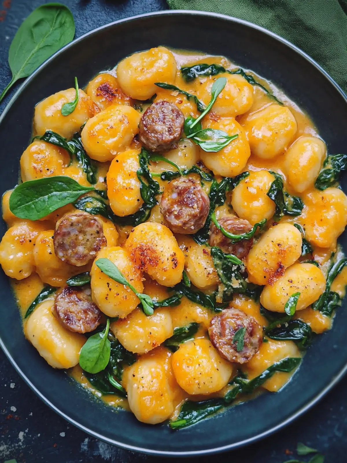 Cremige Kürbisgnocchi mit Wurst und Spinat: Gemütliches Genießen 5 Cremige Kürbisgnocchi mit Wurst und Spinat