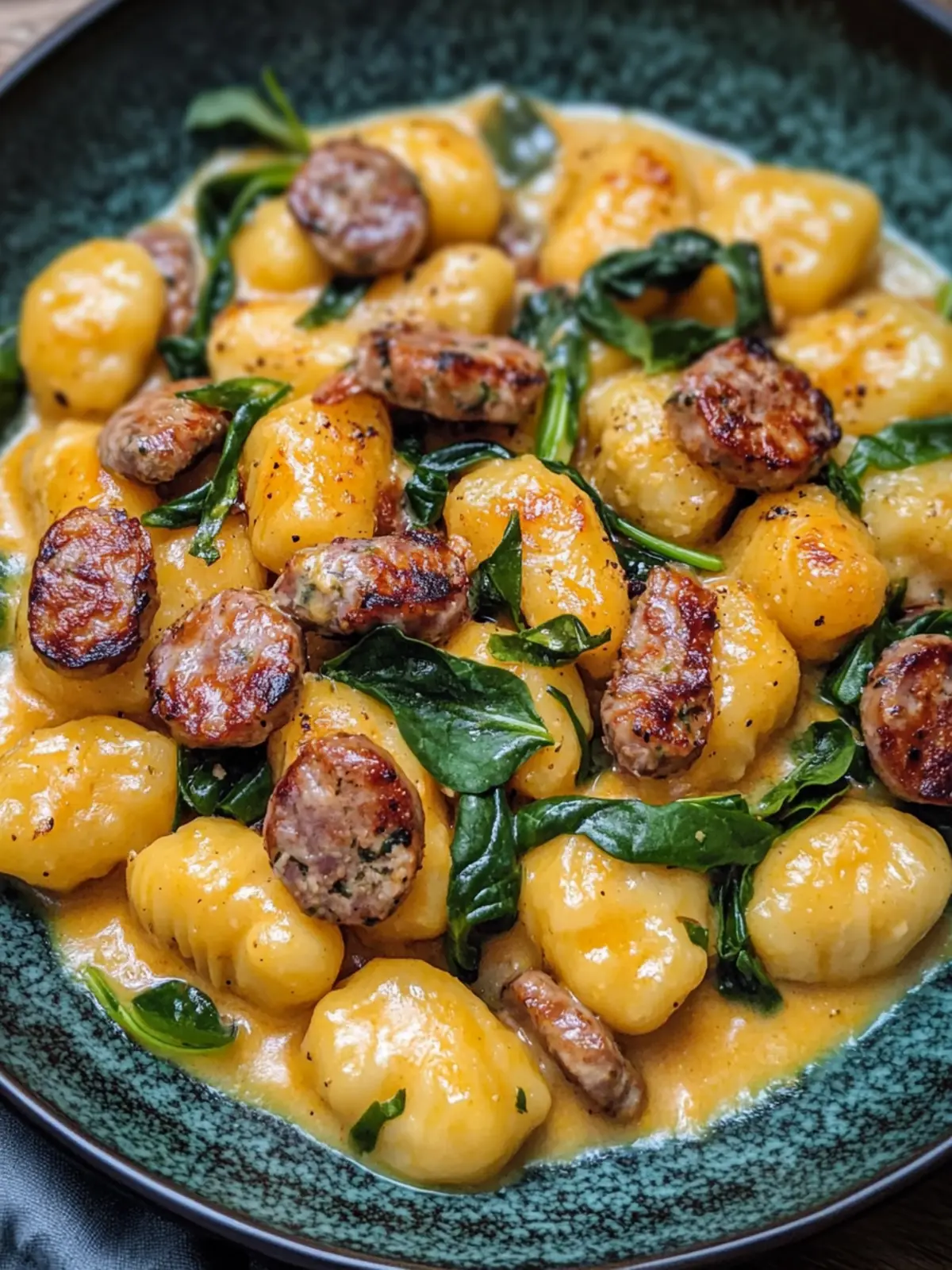 Cremige Kürbisgnocchi mit Wurst und Spinat: Gemütliches Genießen 2 Cremige Kürbisgnocchi mit Wurst und Spinat