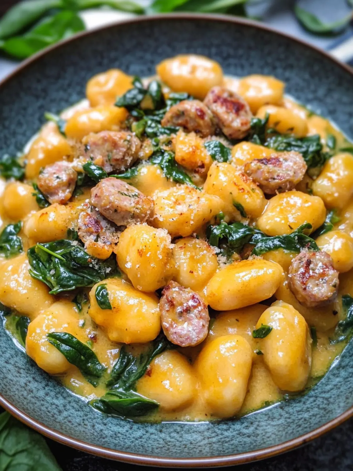 Cremige Kürbisgnocchi mit Wurst und Spinat: Gemütliches Genießen 3 Cremige Kürbisgnocchi mit Wurst und Spinat