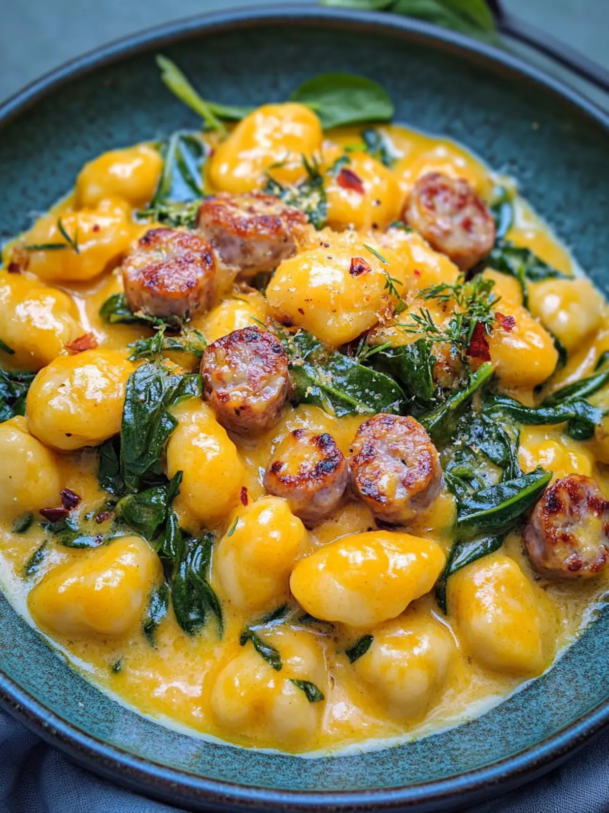 Cremige Kürbisgnocchi mit Wurst und Spinat im Handumdrehen 3 Cremige Kürbisgnocchi mit Wurst und Spinat