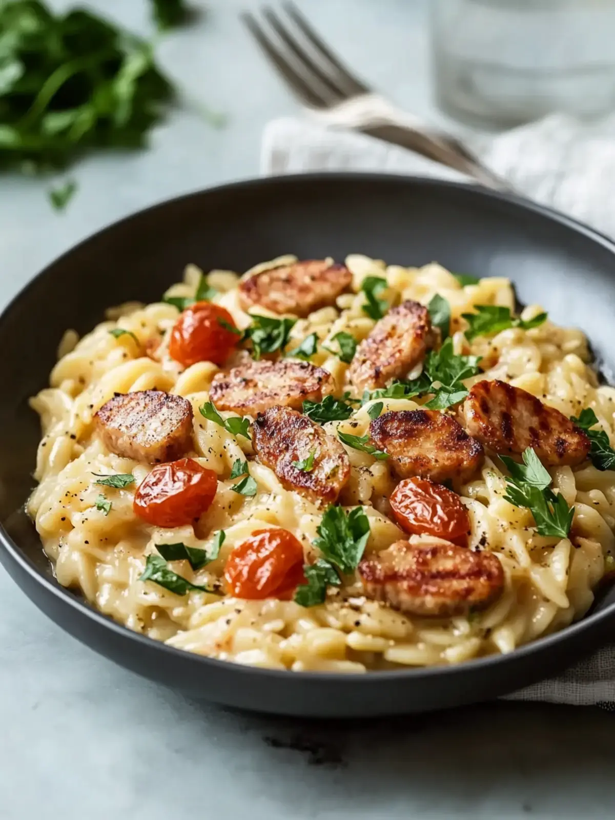 Cremige Hähnchenwürstchen-Orzo für dein schnelles Abendessen 4 Cremige Hähnchenwürstchen-Orzo