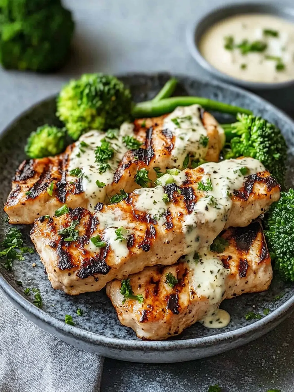 Gegrillte Hähnchenbrust mit Brokkoli-Schalen und cremiger Sauce 2 Gegrillte Hähnchenbrust mit Brokkoli-Schalen und cremiger Knoblauchsauce
