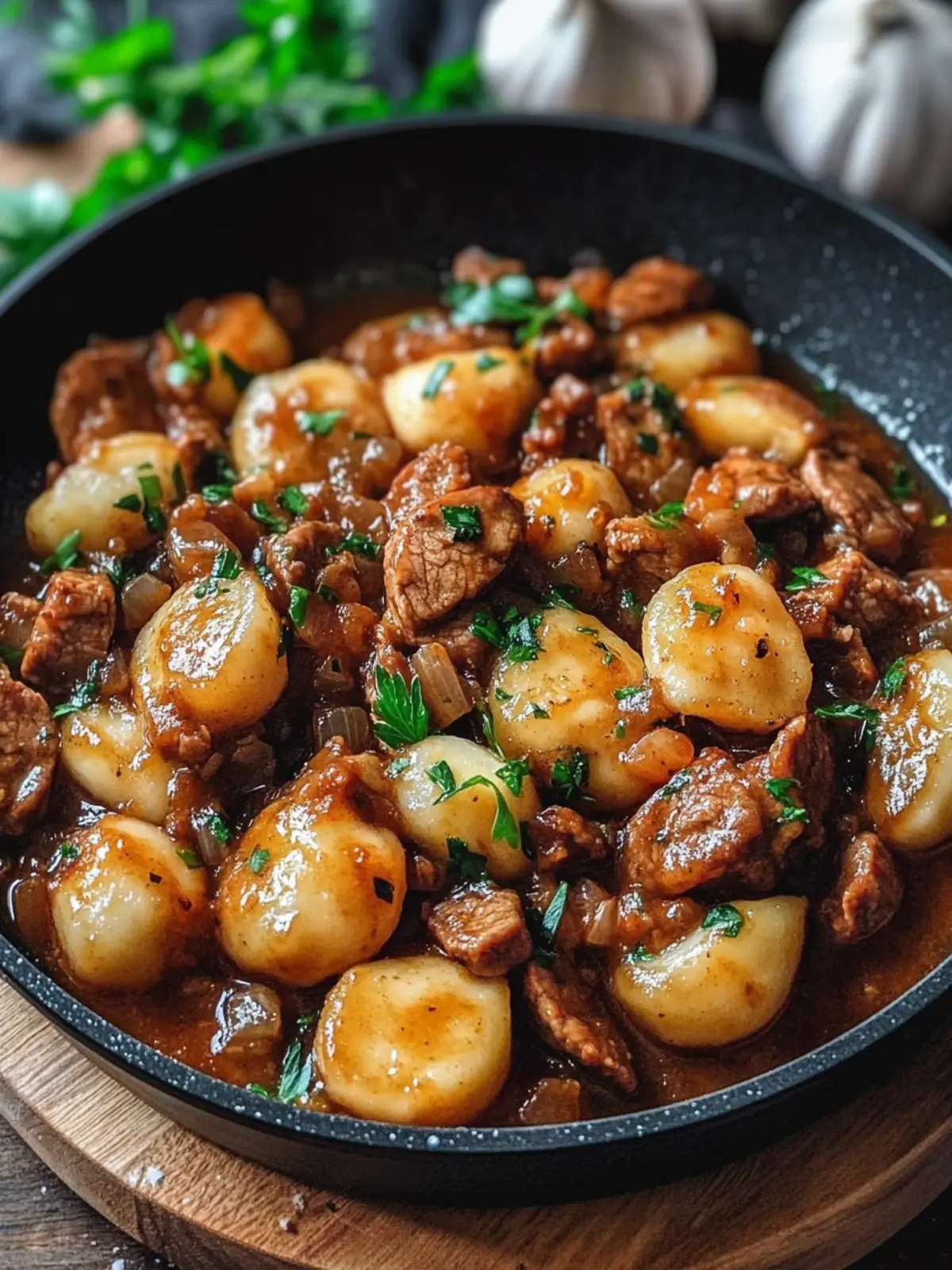 Mini Knödelpfanne mit veganem Hackfleisch: Herzhaft & Schnell! 5 Mini Knödelpfanne mit veganem Hackfleisch, Pilzen und Zwiebeln