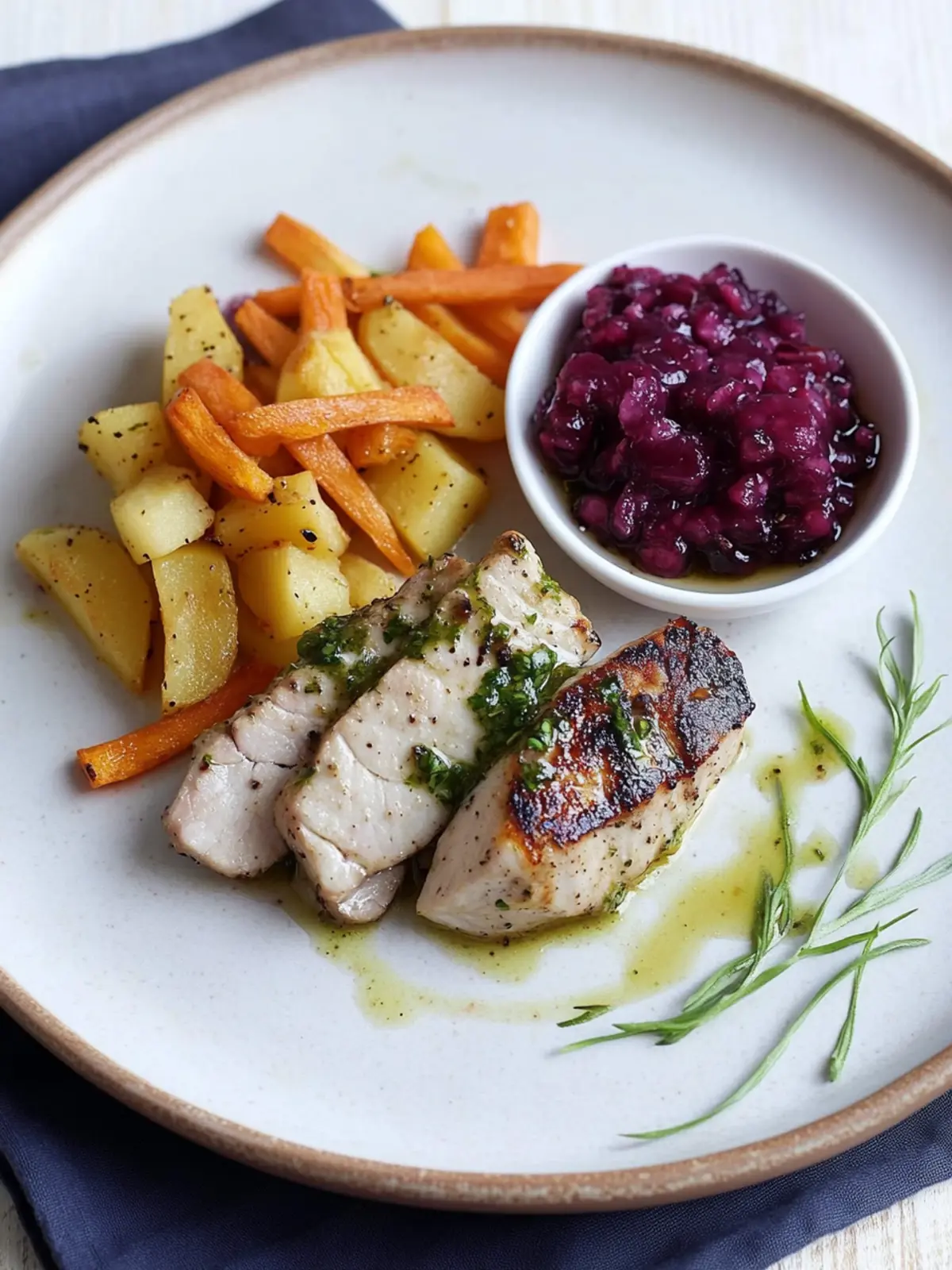 Lammrückenfilet mit lila Kartoffelbrei und Granatapfelsauce überrascht! 5 Lammrückenfilet, lila Kartoffelbrei, julienne Gemüse & Granatapfelsauce