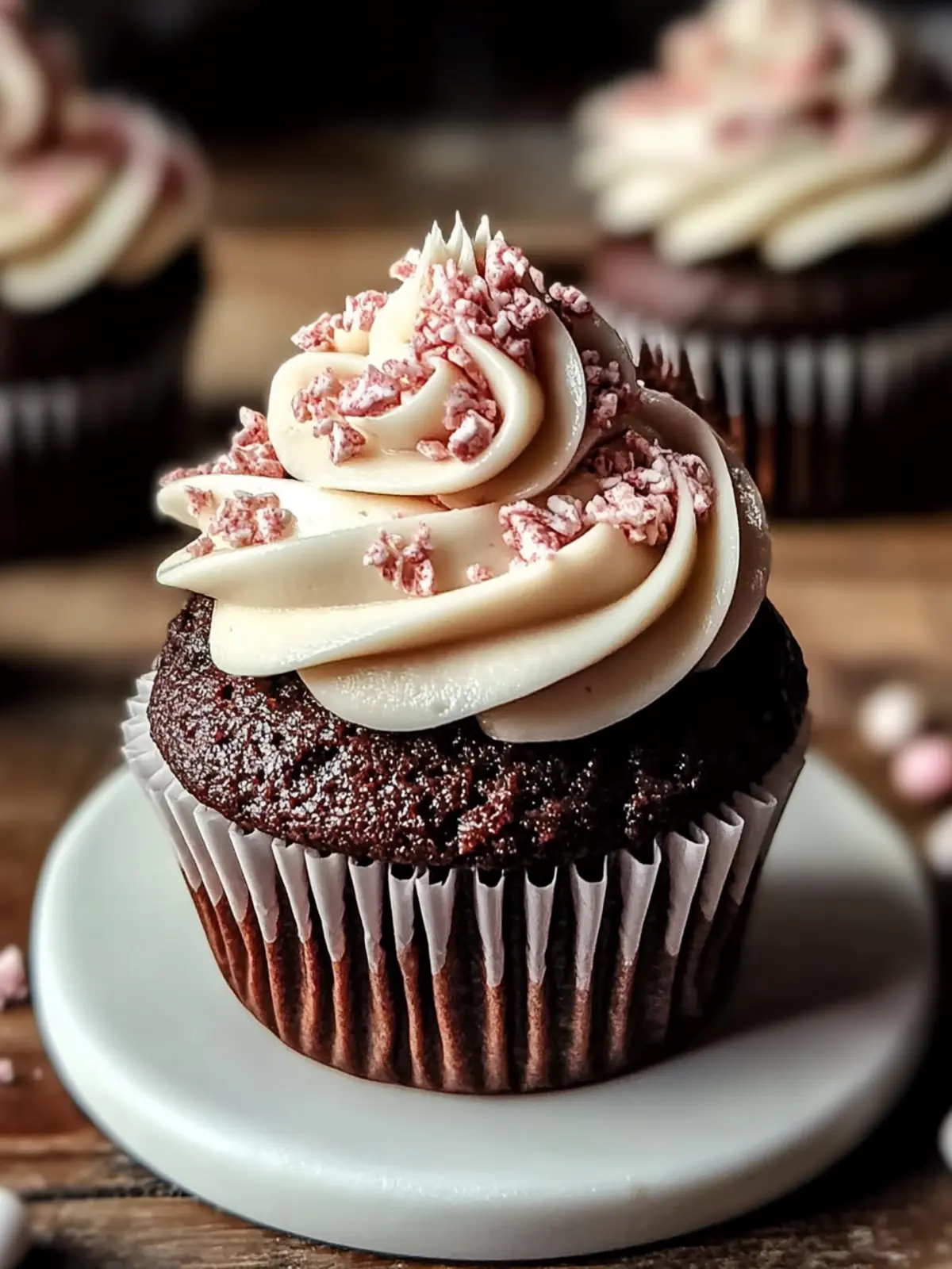 Schokoladen-Cupcakes mit Zuckerstangen-Buttercreme für Festtage 3 Schokoladen-Cupcakes mit Zuckerstangen-Buttercreme-Frosting