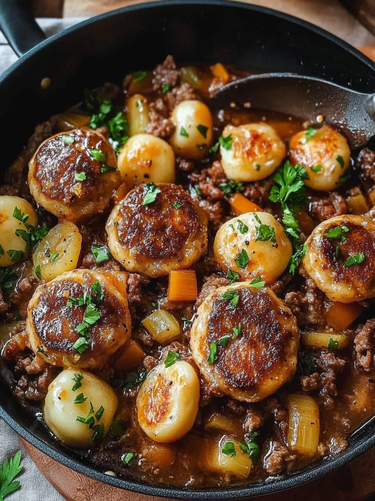 Mini Knödelpfanne mit veganem Hackfleisch: Herzhaft & Schnell! 3 Mini Knödelpfanne mit veganem Hackfleisch, Pilzen und Zwiebeln