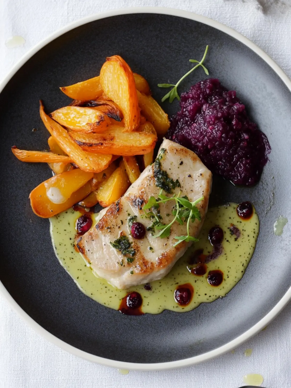 Lammrückenfilet mit lila Kartoffelbrei und Granatapfelsauce überrascht! 4 Lammrückenfilet, lila Kartoffelbrei, julienne Gemüse & Granatapfelsauce