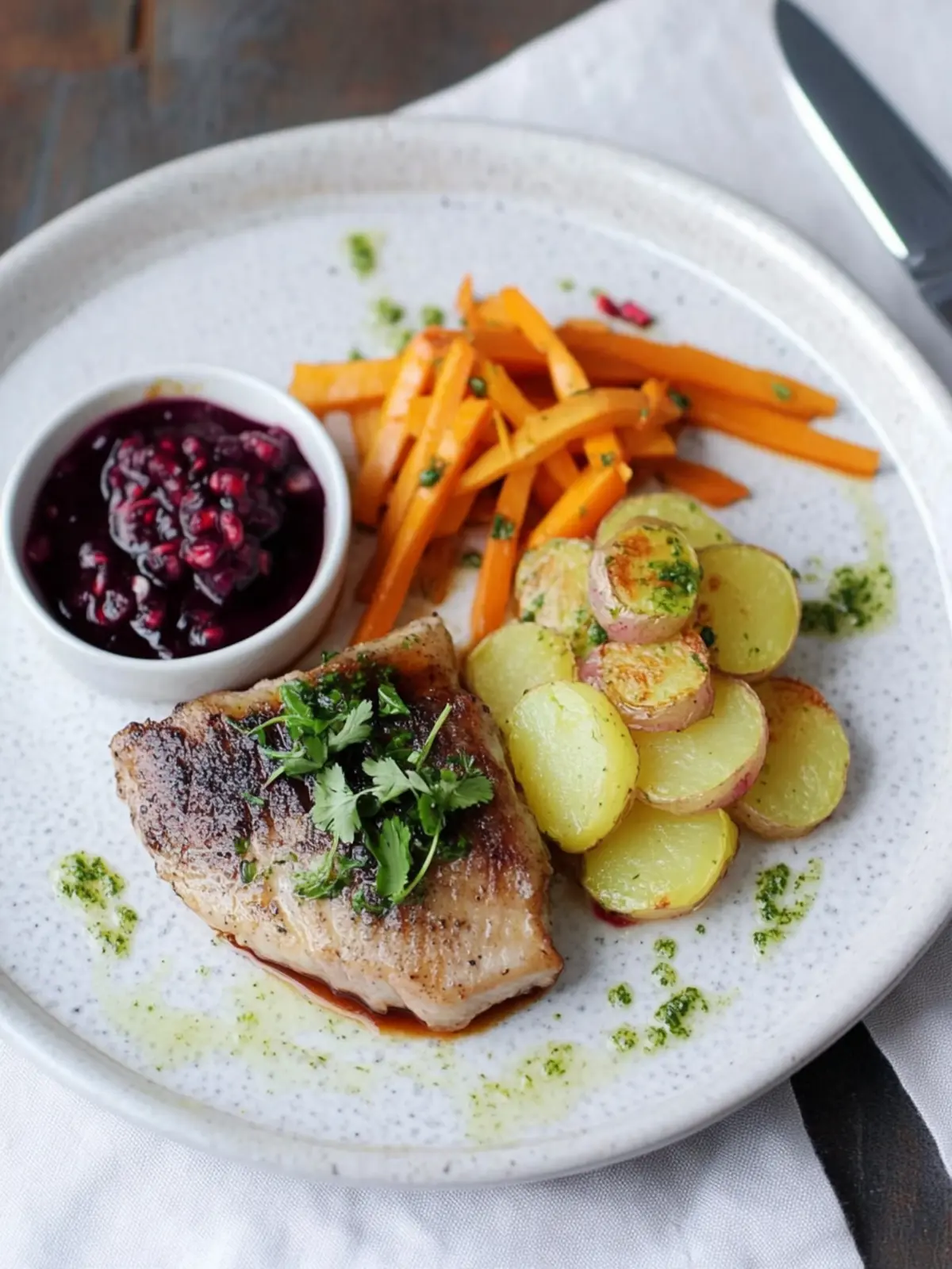 Lammrückenfilet mit lila Kartoffelbrei und Granatapfelsauce überrascht! 3 Lammrückenfilet, lila Kartoffelbrei, julienne Gemüse & Granatapfelsauce