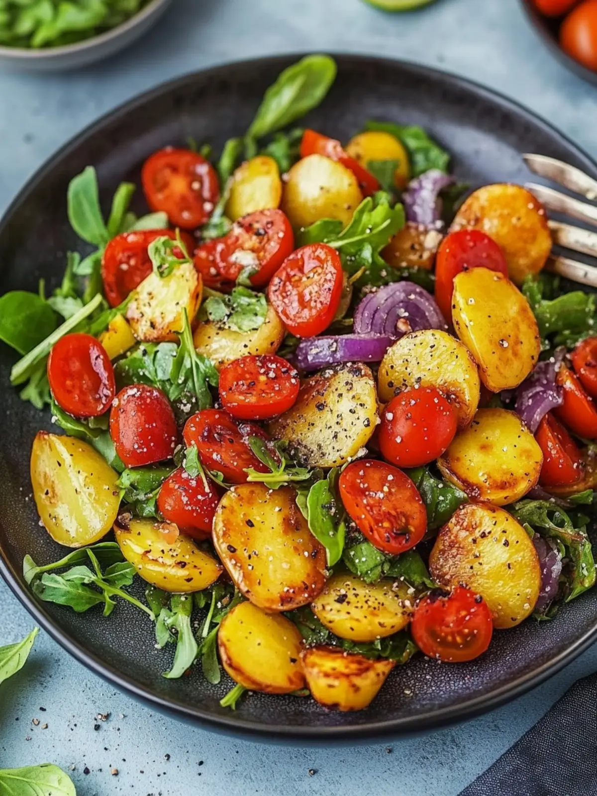 Knusprige gebackene Kartoffeln mit Salat