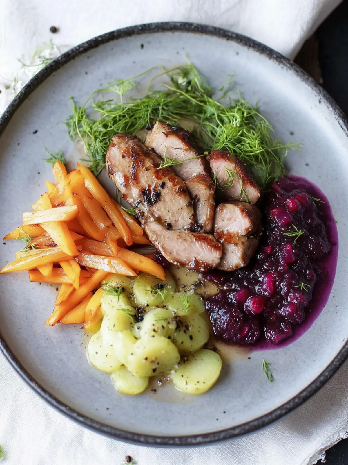 Zartes Lammloinfilet mit lila Kartoffelpüree und Granatapfelsauce 3 Lammloinfilet, lila Kartoffelpüree, julienne Gemüse & Granatapfelsauce