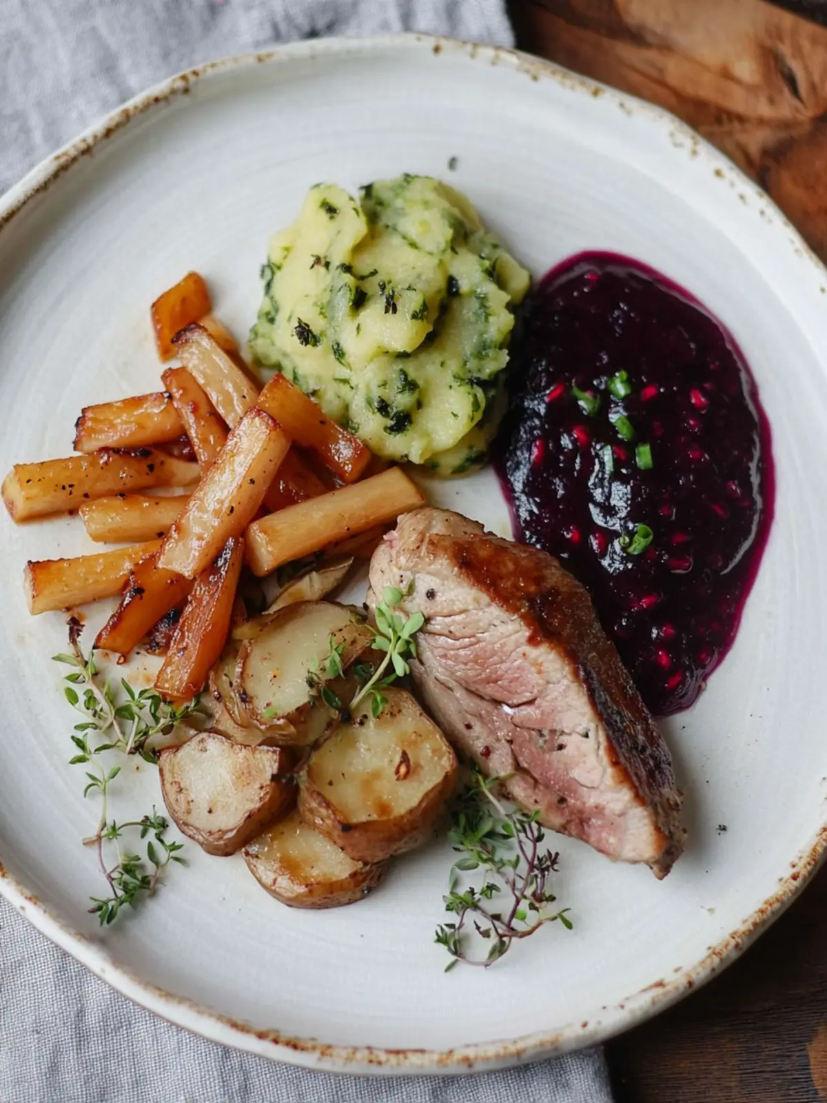 Zartes Lammloinfilet mit lila Kartoffelpüree und Granatapfelsauce 5 Lammloinfilet, lila Kartoffelpüree, julienne Gemüse & Granatapfelsauce