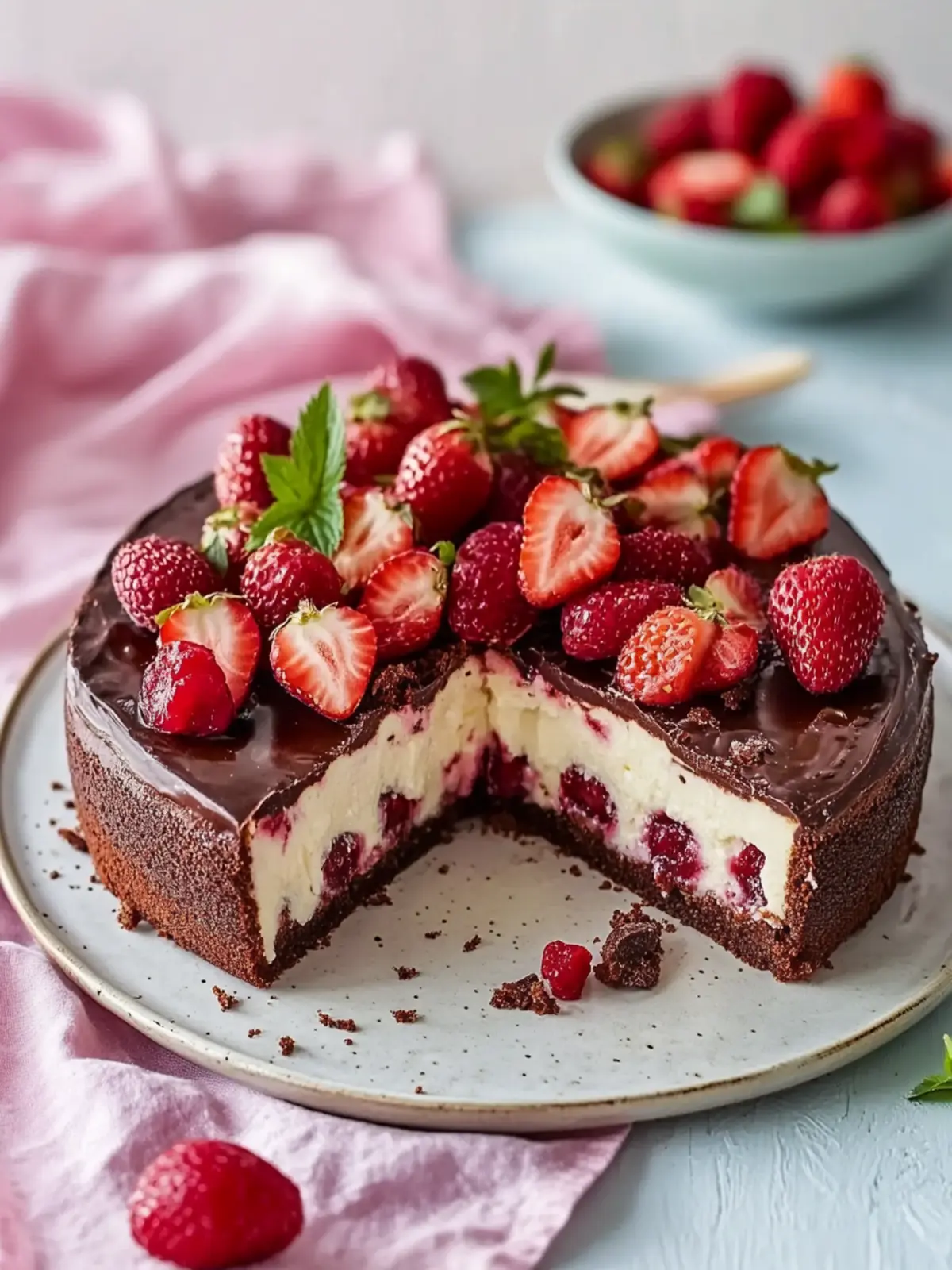 Cremiger Schokoladenkäsekuchen mit Erdbeeren für den Sommergenuss 3 Cremiger Schokoladenkäsekuchen mit Erdbeeren