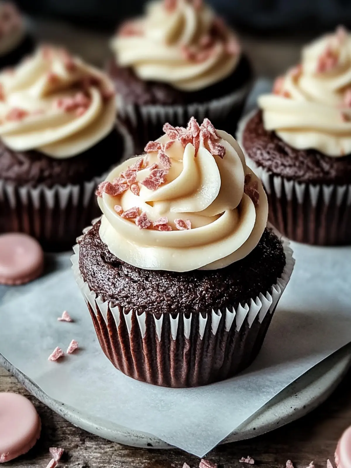 Schokoladen-Cupcakes mit Zuckerstangen-Buttercreme für Festtage 2 Schokoladen-Cupcakes mit Zuckerstangen-Buttercreme-Frosting