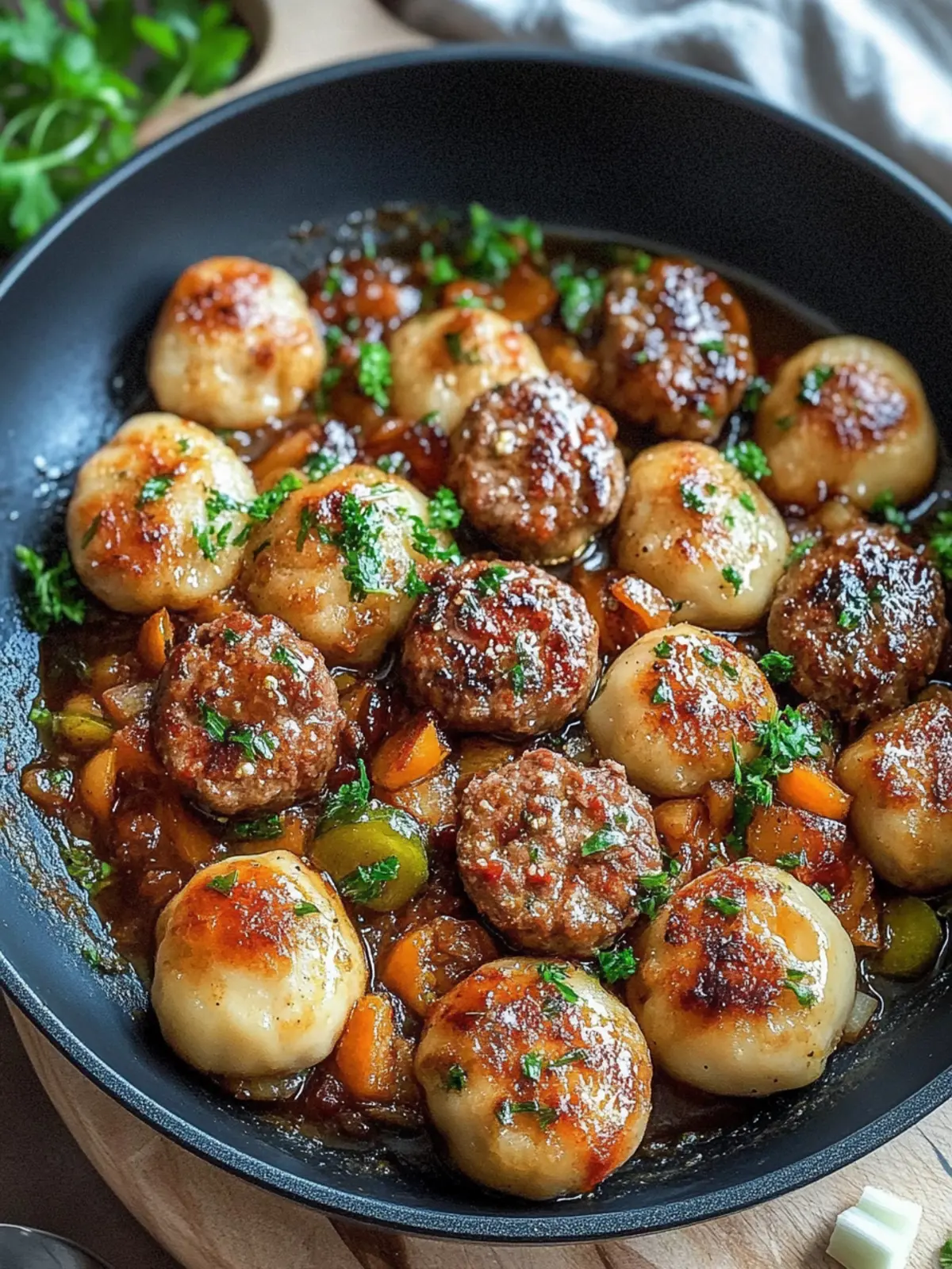 Mini Knödelpfanne mit veganem Hackfleisch: Herzhaft & Schnell! 4 Mini Knödelpfanne mit veganem Hackfleisch, Pilzen und Zwiebeln