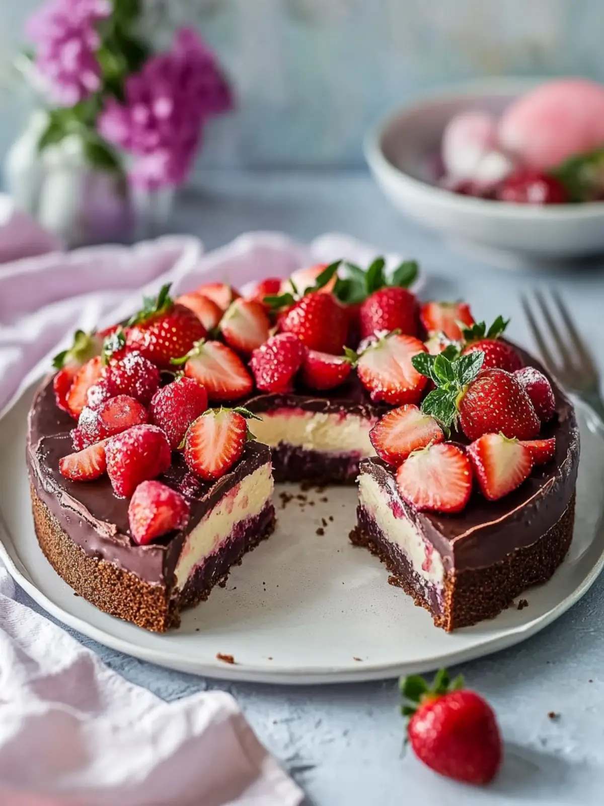 Cremiger Schokoladenkäsekuchen mit Erdbeeren für den Sommergenuss 2 Cremiger Schokoladenkäsekuchen mit Erdbeeren