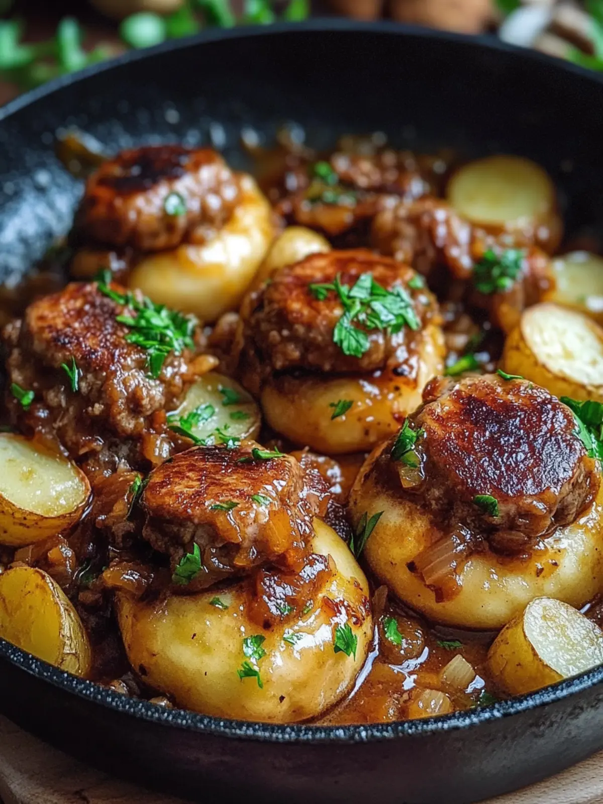 Mini Knödelpfanne mit veganem Hackfleisch: Herzhaft & Schnell! 2 Mini Knödelpfanne mit veganem Hackfleisch, Pilzen und Zwiebeln