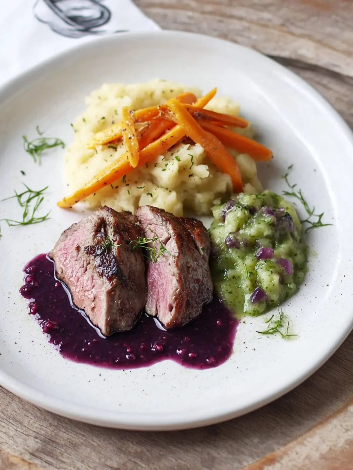 Zartes Lammloinfilet mit lila Kartoffelpüree und Granatapfelsauce 4 Lammloinfilet, lila Kartoffelpüree, julienne Gemüse & Granatapfelsauce