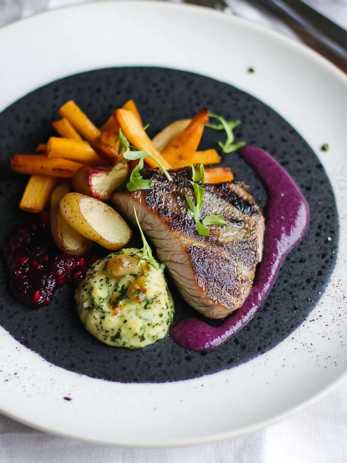 Lammrückenfilet mit lila Kartoffelbrei und Granatapfelsauce überrascht! 2 Lammrückenfilet, lila Kartoffelbrei, julienne Gemüse & Granatapfelsauce