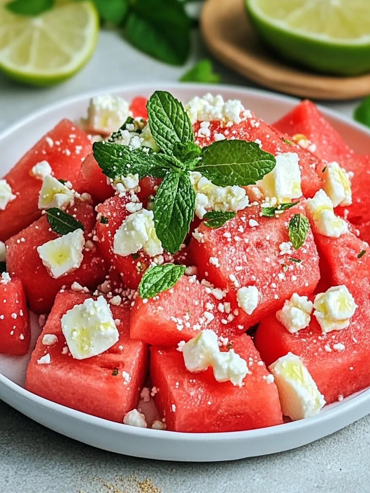 Frischer Wassermelonen- und Fetasalat mit Minze für den Sommer 3 Wassermelonen- und Fetasalat mit Minze