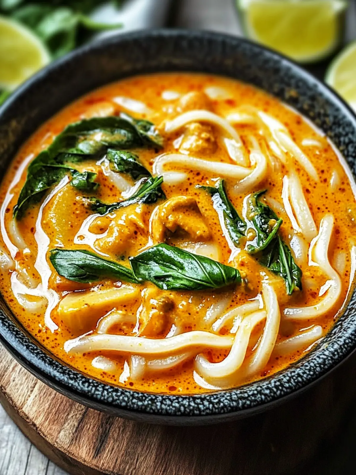 Cremige thailändische rote Curry Udon-Nudeln Genuss
