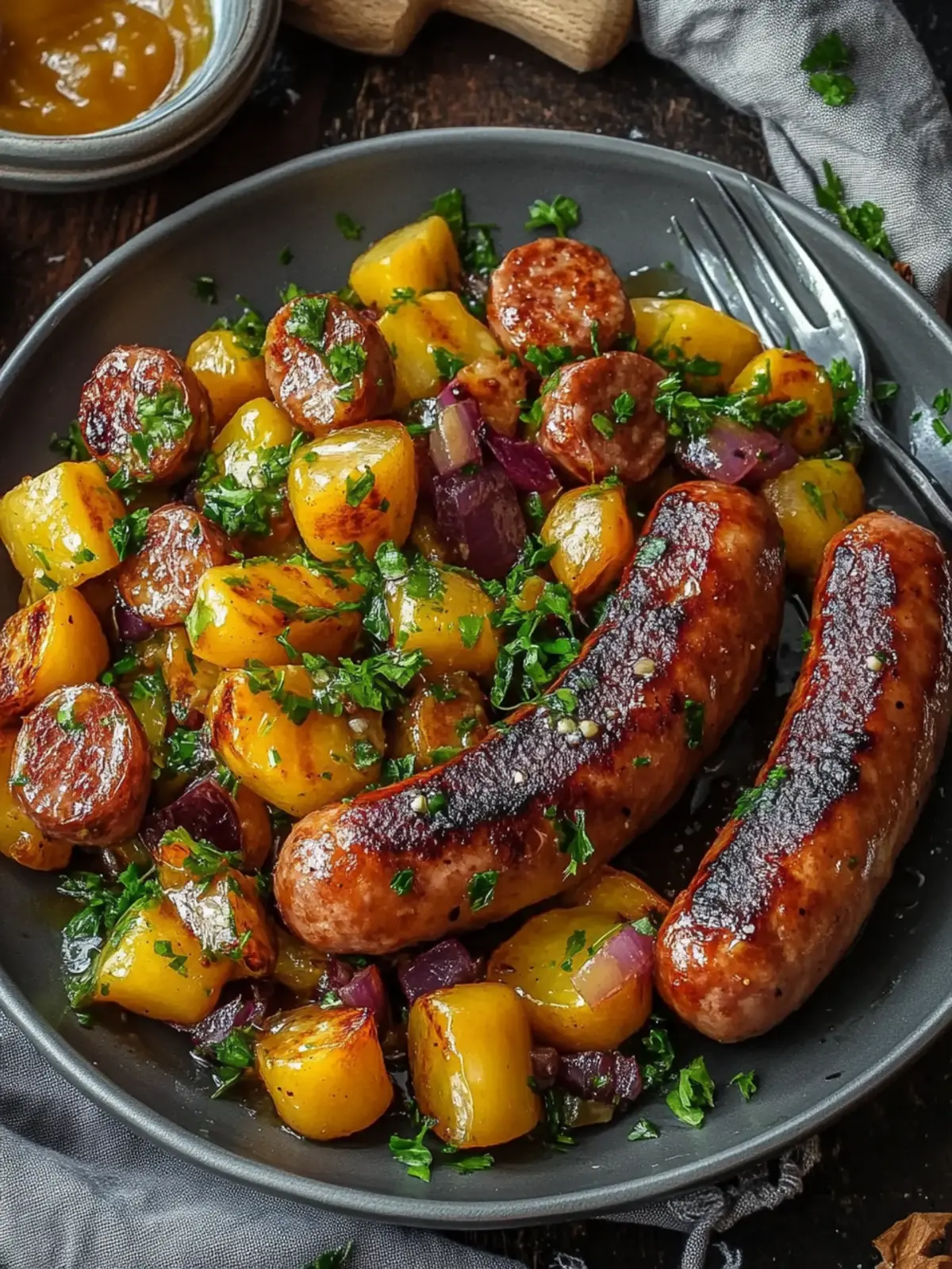 Wurst und Süßkartoffeln mit Honig-Knoblauch-Sauce schnell und einfach 2 Wurst und Süßkartoffeln mit Honig-Knoblauch-Sauce