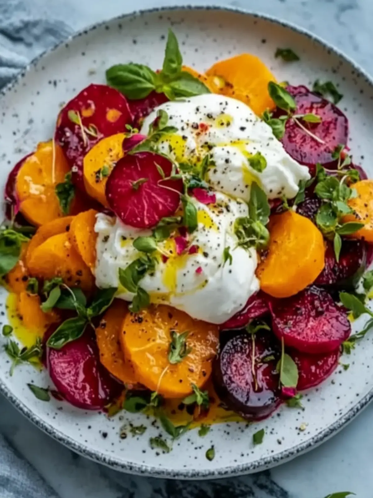 Gerösteter Rote-Bete- und Karottensalat mit Burrata für Genussmomente 4 Gerösteter Rote-Bete- und Karottensalat mit Burrata
