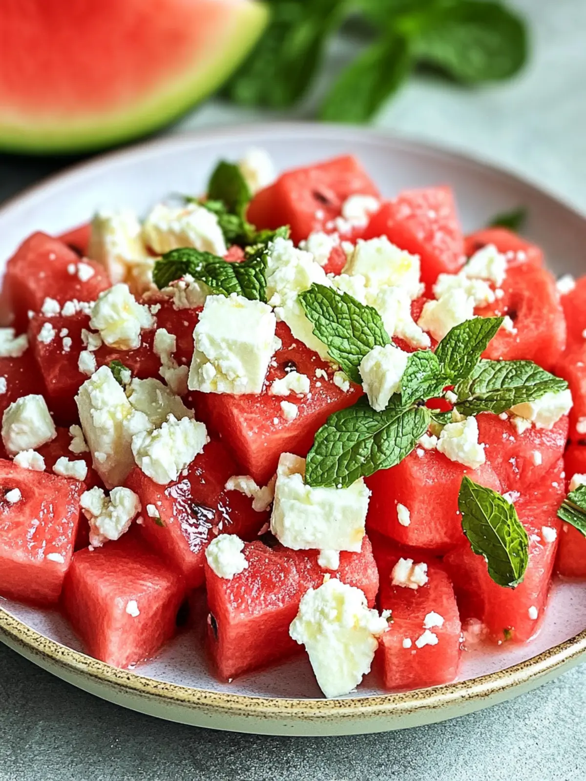 Frischer Wassermelonen- und Fetasalat mit Minze für den Sommer 5 Wassermelonen- und Fetasalat mit Minze