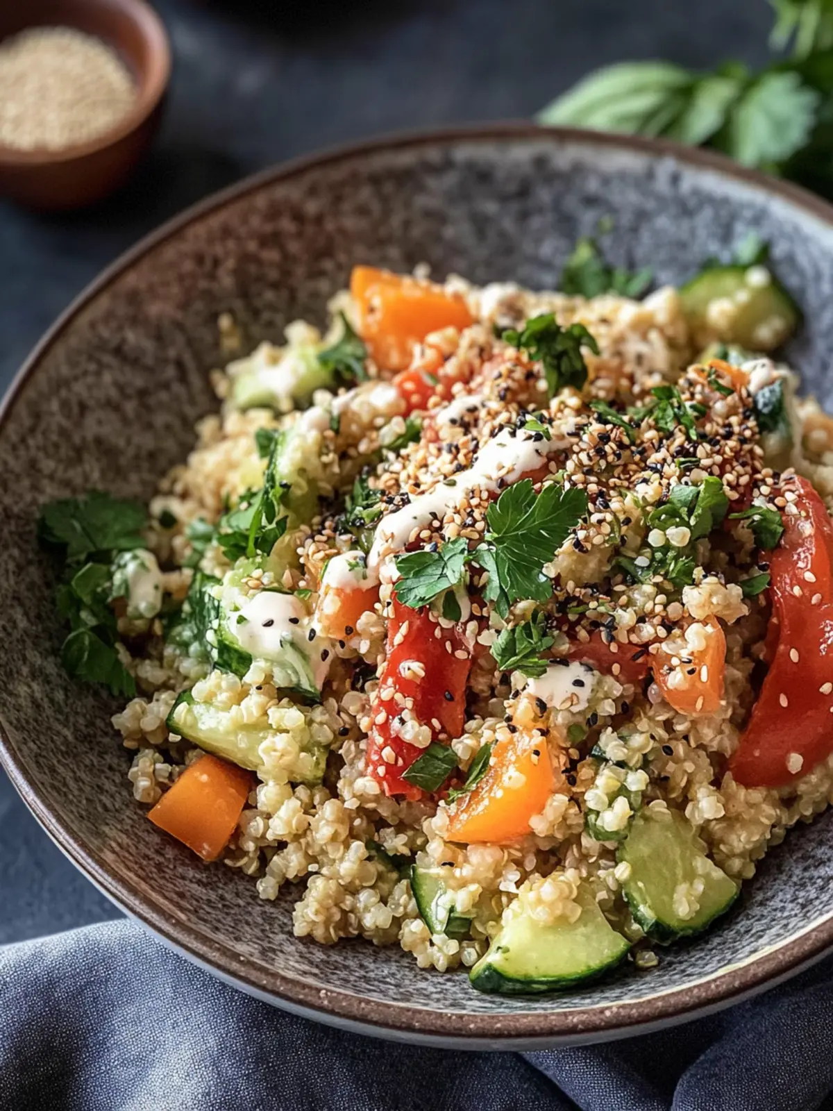 Warmes geröstetes Gemüse-Quinoa-Salat mit cremigem Sesamdressing für jeden Tag 2 Warmes geröstetes Gemüse-Quinoa-Salat mit cremigem Sesamdressing