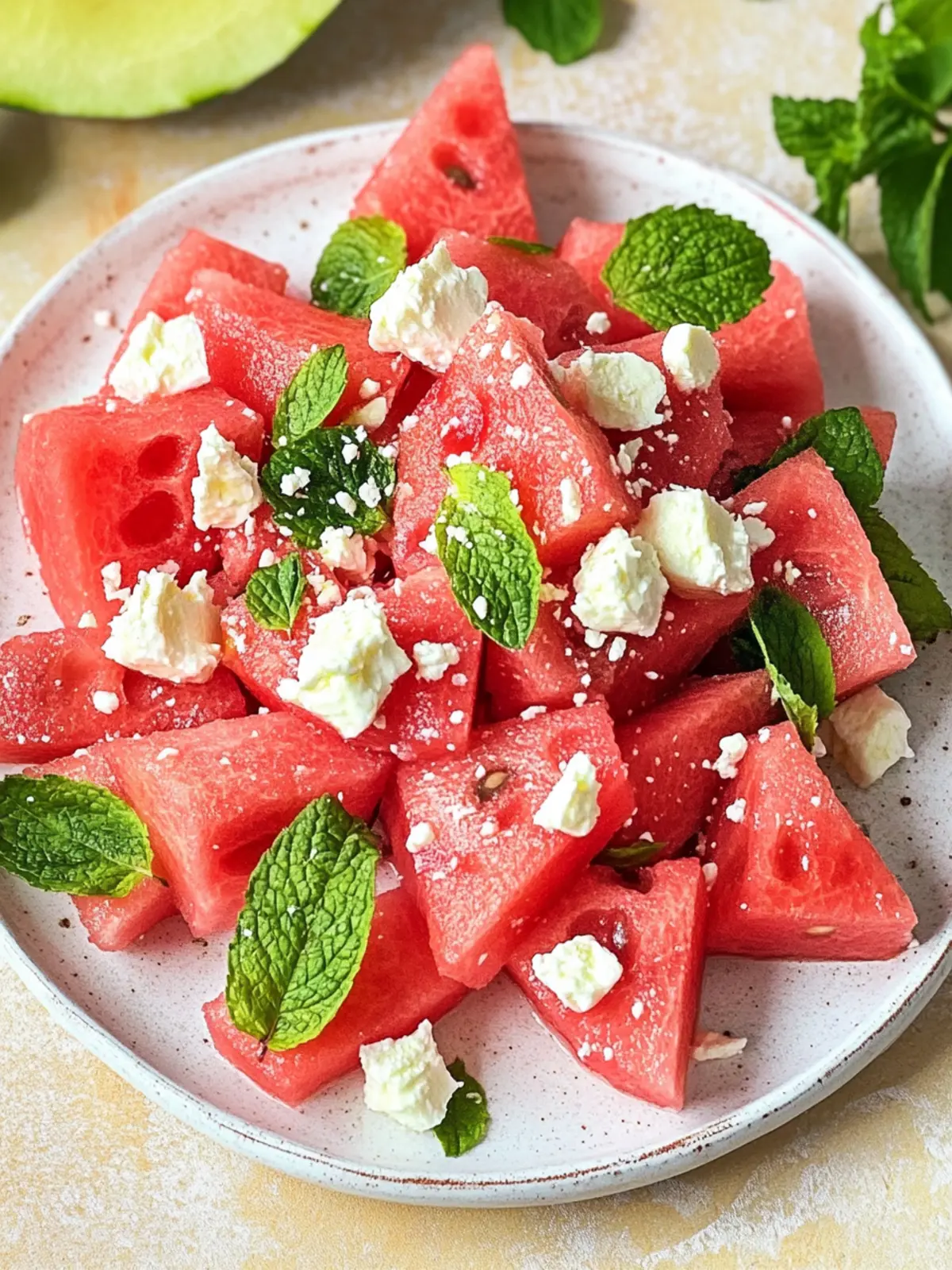 Frischer Wassermelonen- und Fetasalat mit Minze für den Sommer 4 Wassermelonen- und Fetasalat mit Minze