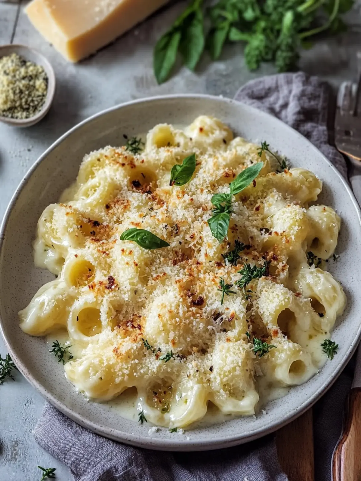 Gesunde Blumenkohl-Makkaroni und Käse mit knusprigem Parmesan