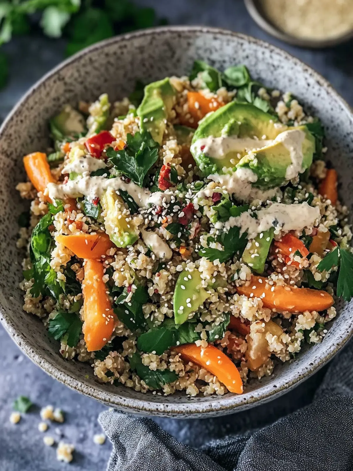 Warmes geröstetes Gemüse-Quinoa-Salat mit cremigem Sesamdressing für jeden Tag 4 Warmes geröstetes Gemüse-Quinoa-Salat mit cremigem Sesamdressing