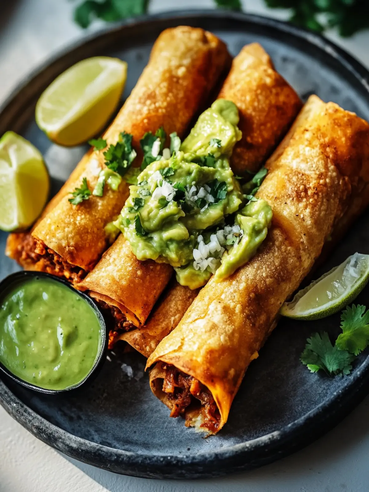 Köstliche zerrupfte Rindfleisch-Flautas mit Avocadosauce genießen 4 Leckere zerrupfte Rindfleisch-Flautas mit cremiger Avocadosauce