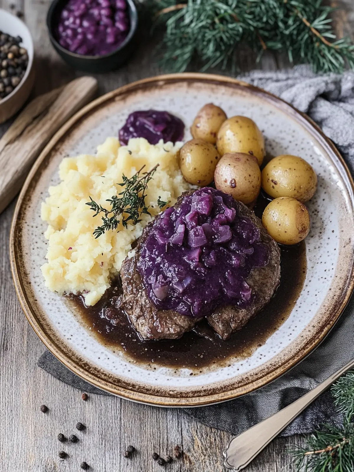 Rheinischer Sauerbraten mit Rotkohl und Kartoffelknödeln genießen 2 Rheinischer Sauerbraten mit Rotkohl und Kartoffelknödeln