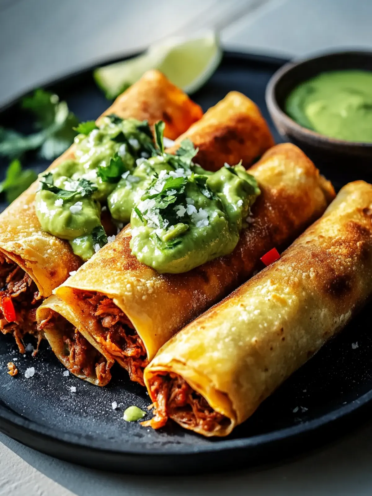 Köstliche zerrupfte Rindfleisch-Flautas mit Avocadosauce genießen 3 Leckere zerrupfte Rindfleisch-Flautas mit cremiger Avocadosauce