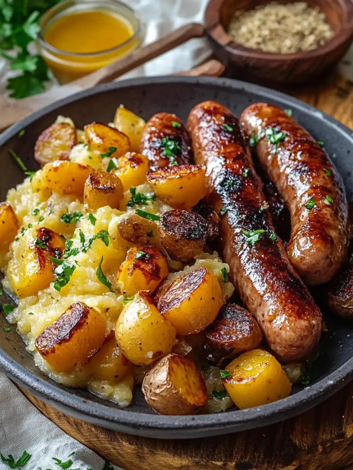 Wurst und Süßkartoffeln mit Honig-Knoblauch-Sauce schnell und einfach 4 Wurst und Süßkartoffeln mit Honig-Knoblauch-Sauce