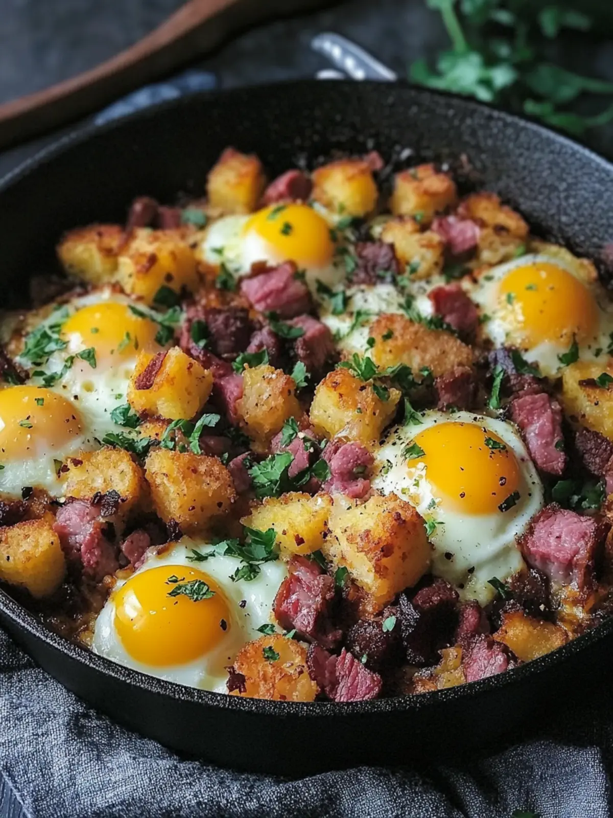Knuspriger Corned Beef Hash Pfanne mit Läuftigen Eiern Einfach und Perfekt