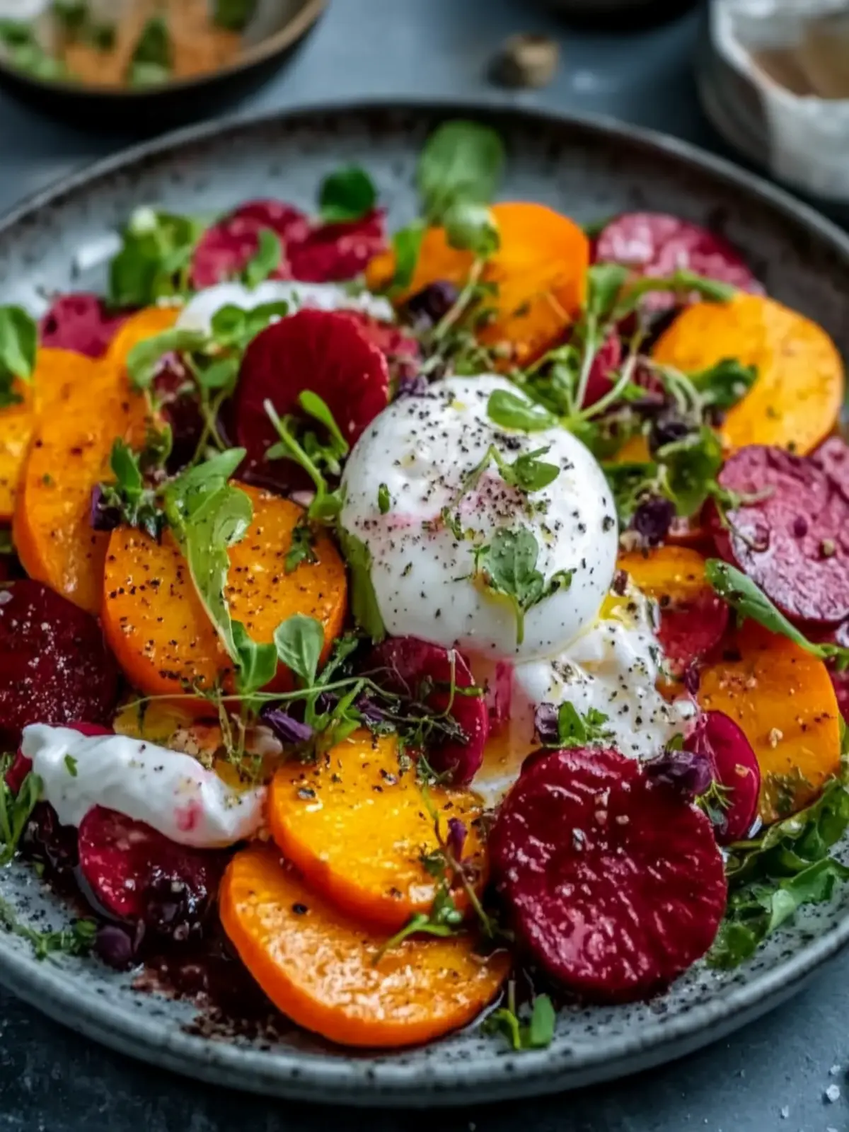 Gerösteter Rote-Bete- und Karottensalat mit Burrata für Genussmomente 2 Gerösteter Rote-Bete- und Karottensalat mit Burrata