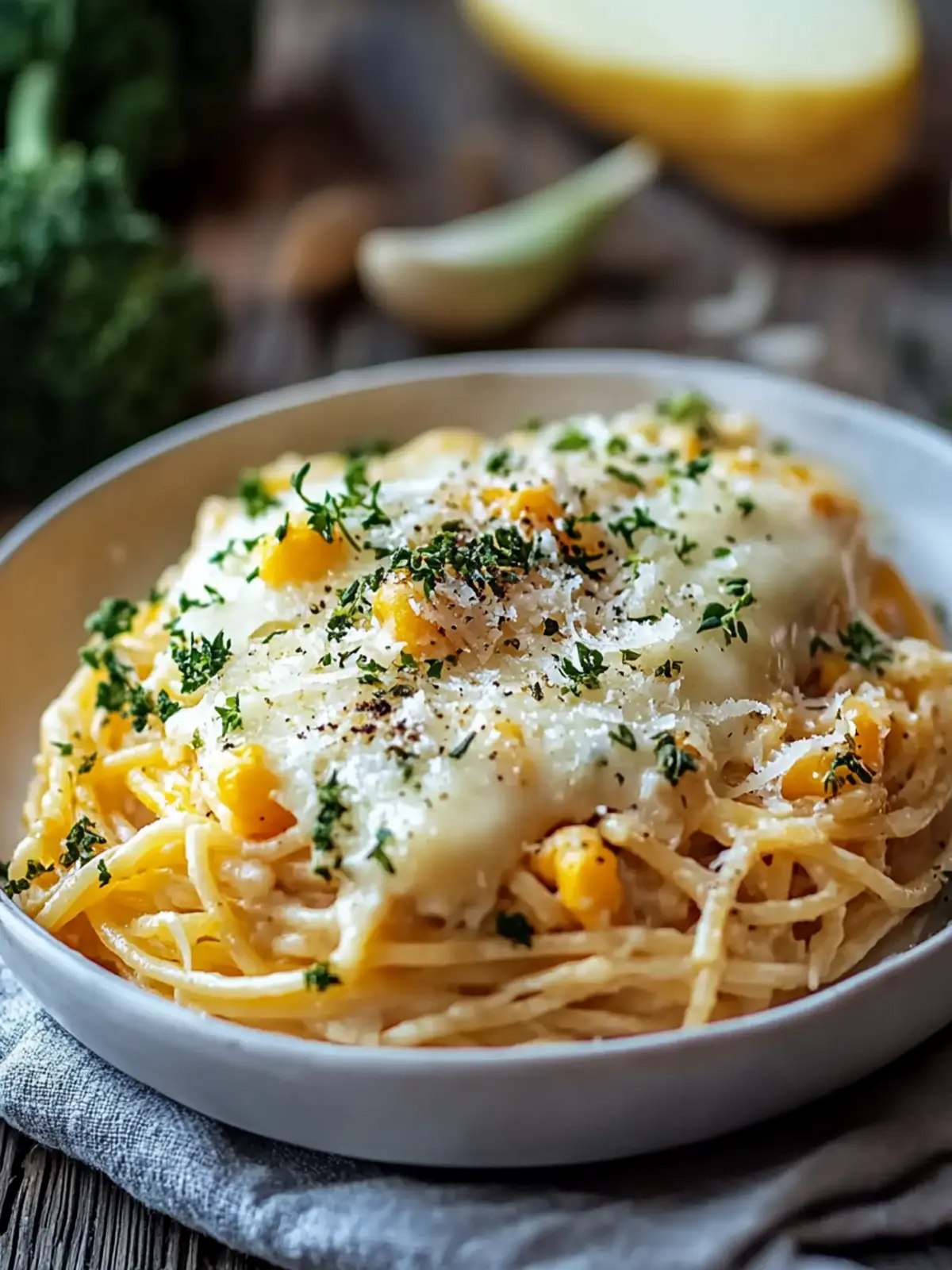 Käse-Hühnchen-Brokkoli gefüllter Spaghetti-Kürbis Bliss für die Seele 3 Käse-Hühnchen-Brokkoli gefüllter Spaghetti-Kürbis Bliss