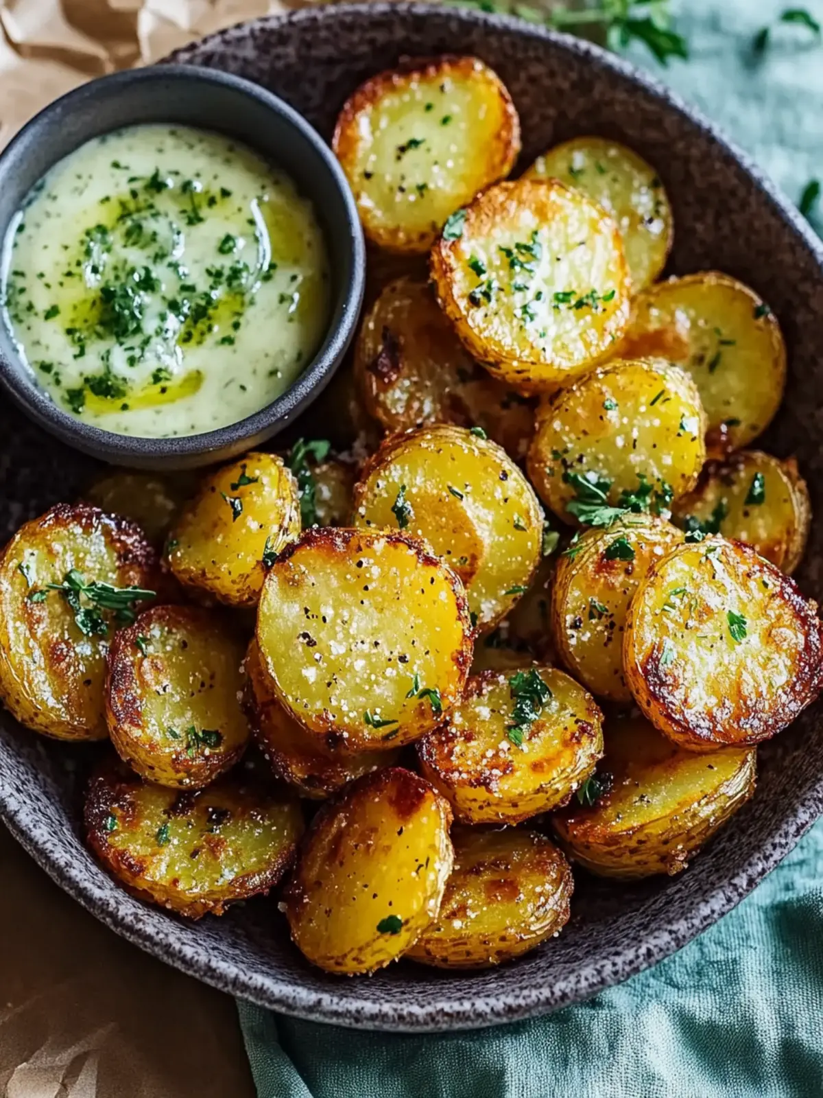 Knusprige zerdrückte Kartoffeln mit Knoblauch und Kräutern 4 knusprige zerdrückte Kartoffeln